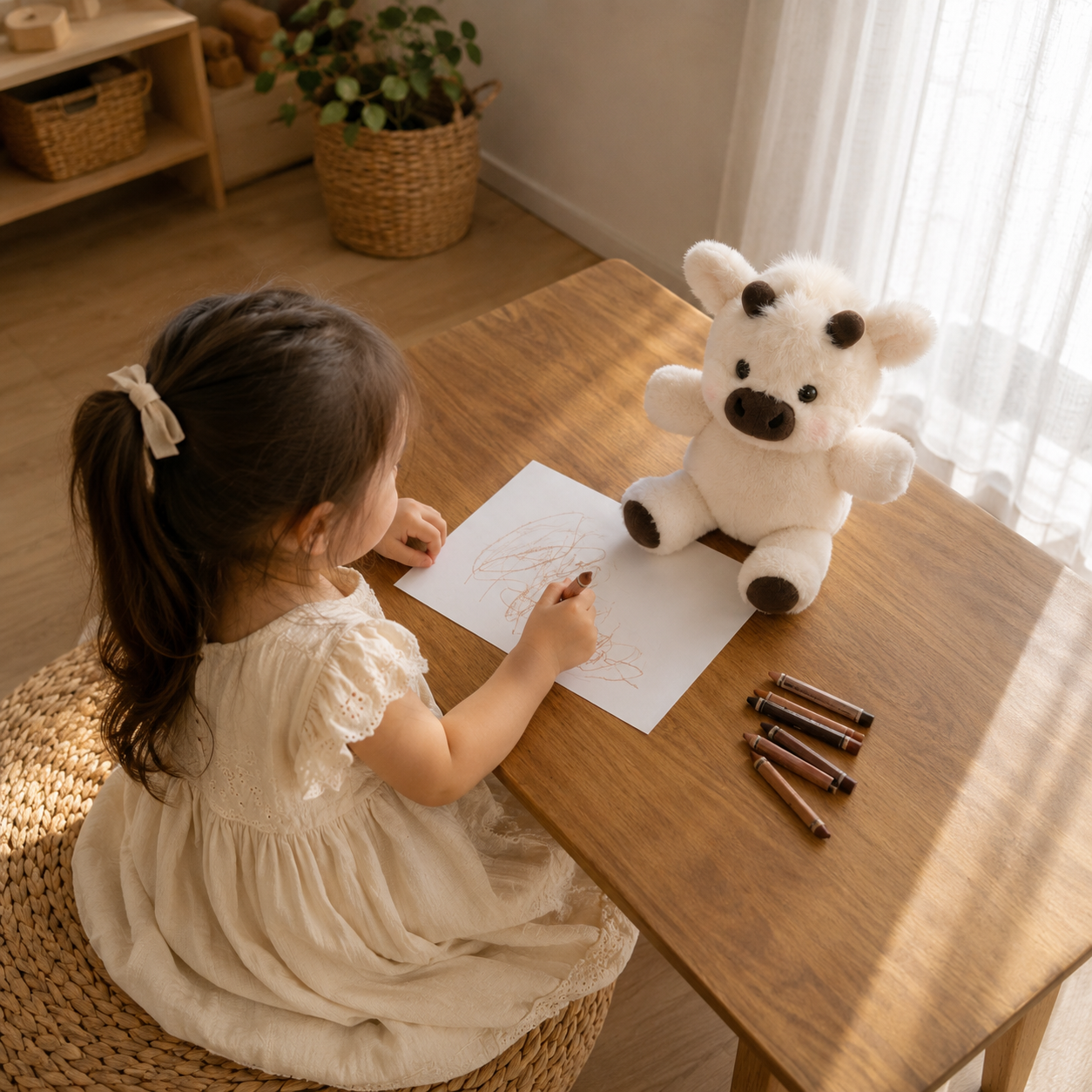 Child drawing at a table with a soft plush companion