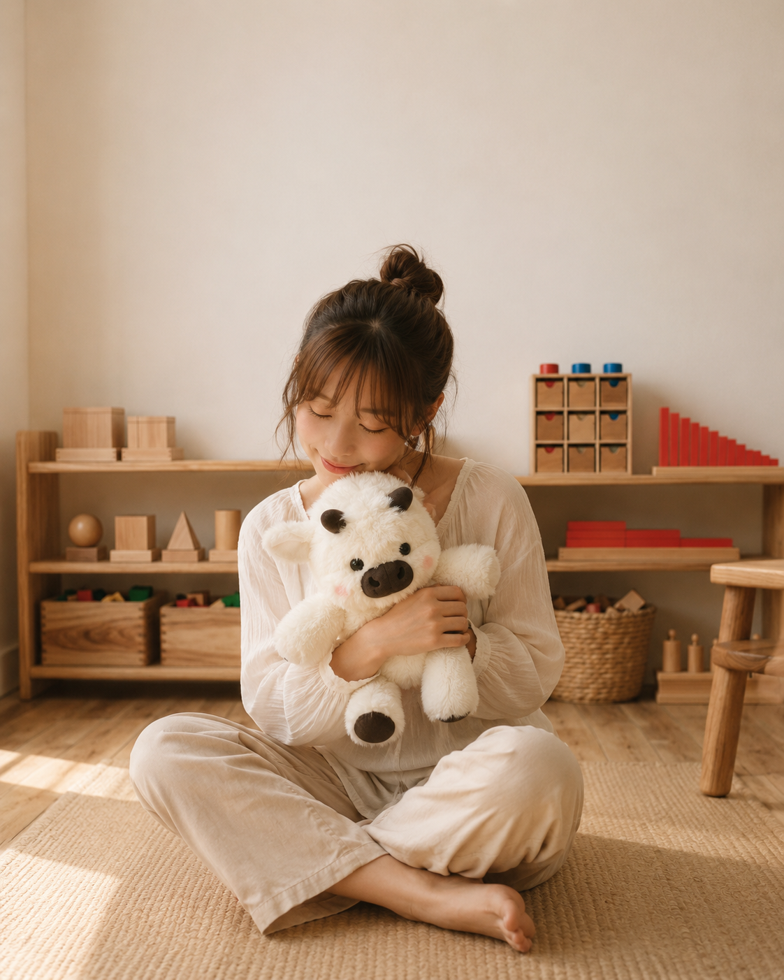 Adult hugging a soft white plush companion