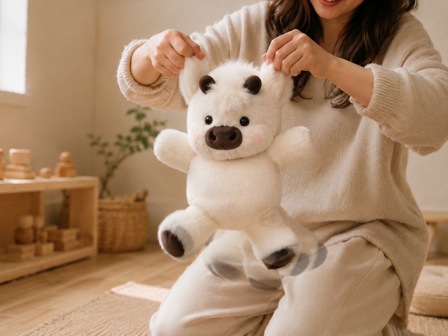 Soft plush held up in a bright, cozy room